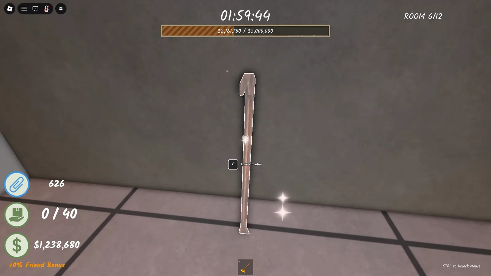 Glowing crowbar standing upright against the gray wall of Shred the Secrets Room 6 with white sparkle particles and a Take Crowbar prompt