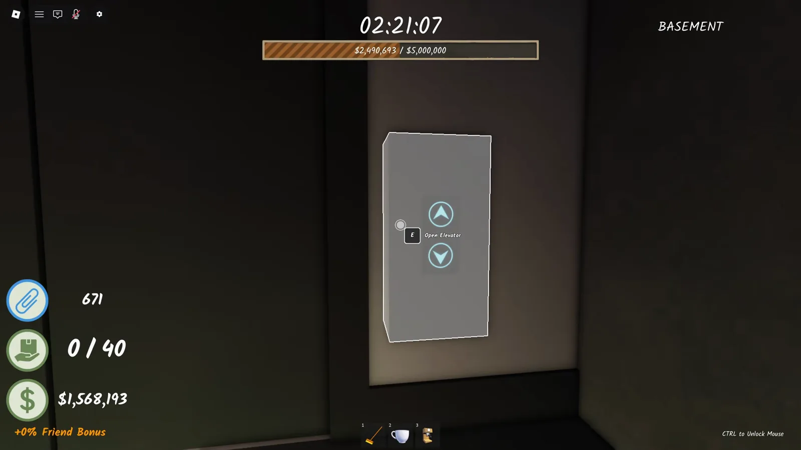 Elevator call panel with a green up arrow and a red down arrow mounted on the wall by the Shred the Secrets basement stairs