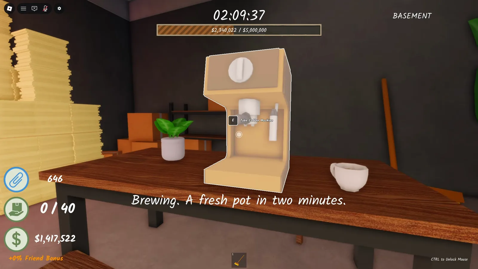 Brewing: A fresh pot in two minutes text over the basement espresso machine in Shred the Secrets, with a white cup and a plant on the wooden table