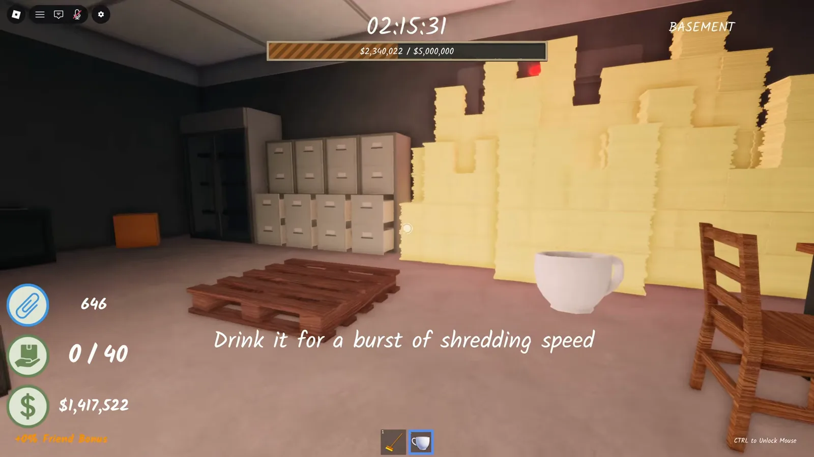 Giant white coffee cup in the Shred the Secrets basement under the instruction Drink it for a burst of shredding speed, with paper towers and lockers behind