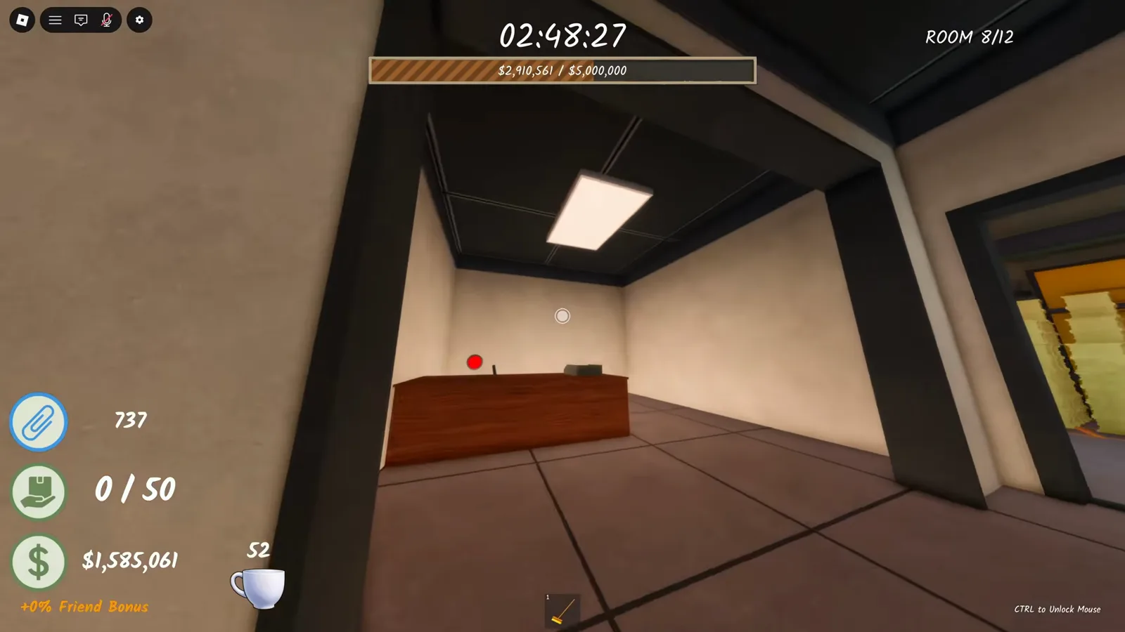 Big red button mounted on the wall above a desk in the ROOM 8/12 office of Shred the Secrets, with the camera crosshair beside it