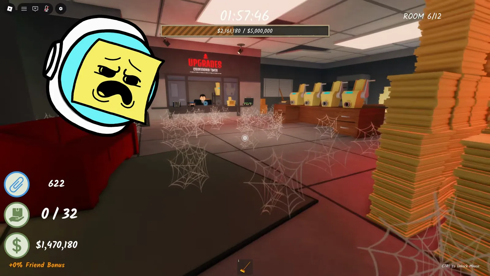 Broom sweeping white cobwebs off the Room 6 floor in Shred the Secrets while the chat hint reads Use the broom to remove the cobwebs