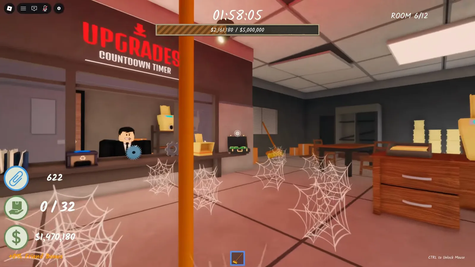 Shred the Secrets Room 6 upgrade counter under the red UPGRADES sign, with the suited shopkeeper, a broom at the counter and fresh cobwebs on the floor