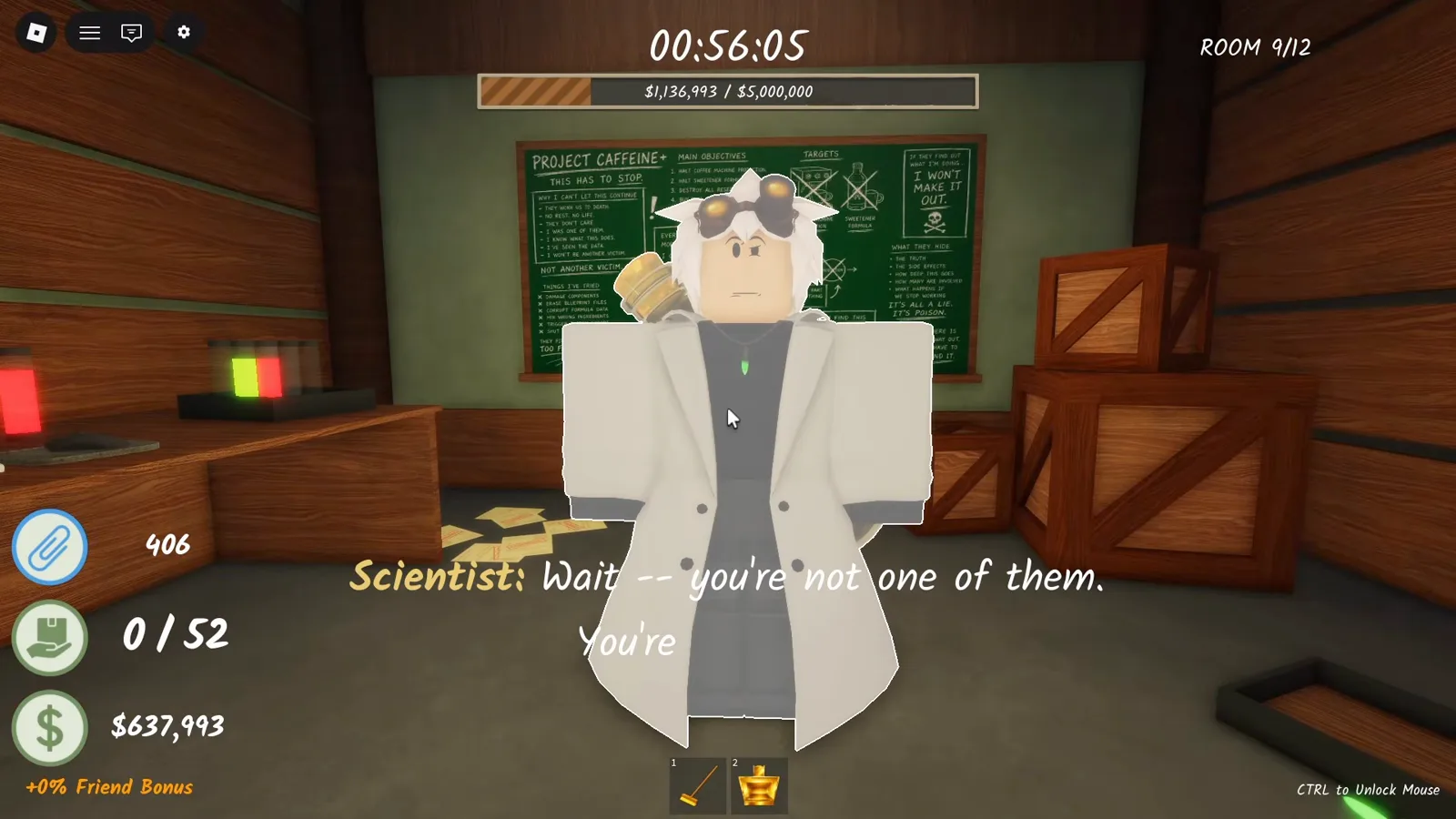 The Mad Scientist NPC in the Shred the Secrets attic standing before a PROJECT CAFFEINE chalkboard saying Wait you are not one of them The Mad Scientist NPC in the Shred the Secrets attic standing before a PROJECT CAFFEINE chalkboard saying Wait you are not one of them