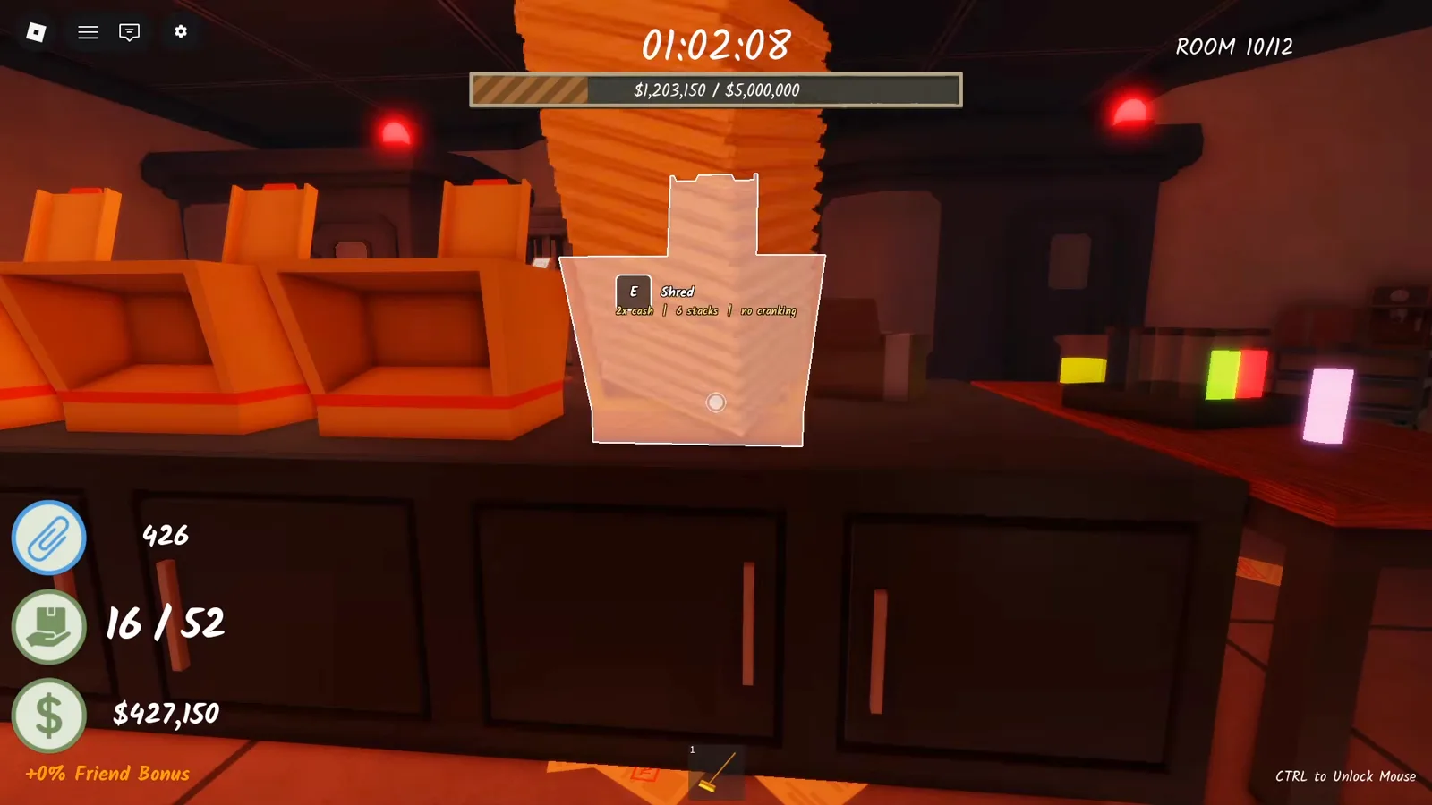 The red-lit human testing lab in Shred the Secrets Room 10 with orange chairs alarm lights and the Golden Shredder shred prompt The red-lit human testing lab in Shred the Secrets Room 10 with orange chairs alarm lights and the Golden Shredder shred prompt