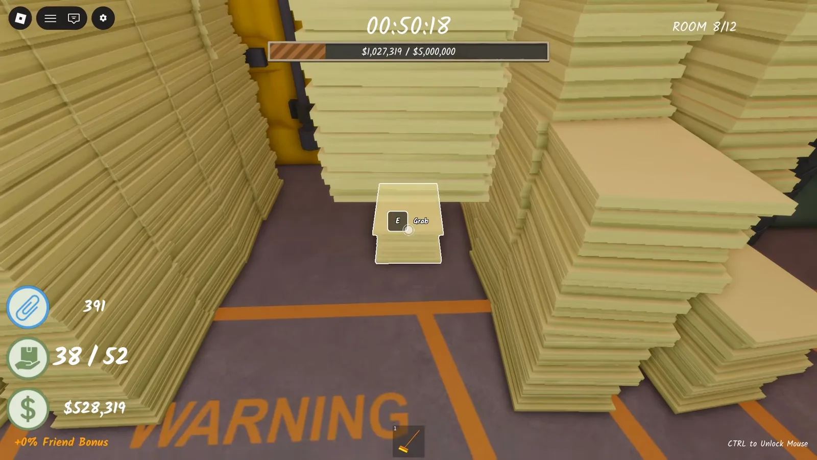 Shred the Secrets Room 8 with WARNING tape markings on the floor between paper stacks and the Room 8 of 12 HUD counter Shred the Secrets Room 8 with WARNING tape markings on the floor between paper stacks and the Room 8 of 12 HUD counter