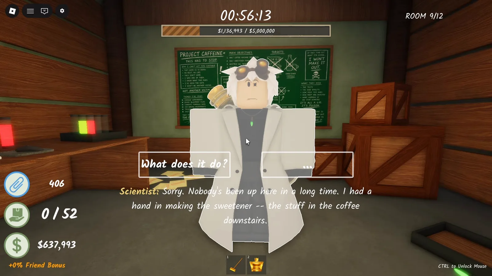 The Shred the Secrets Scientist quest dialogue explaining he made the sweetener in the coffee and asking you to recover his blueprints The Shred the Secrets Scientist quest dialogue explaining he made the sweetener in the coffee and asking you to recover his blueprints