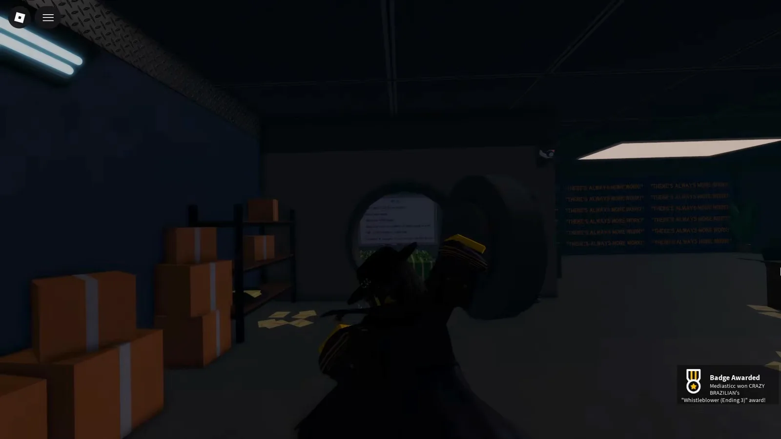 The Badge Awarded popup for Whistleblower Ending 3 in Shred the Secrets as the bank vault door swings open The Badge Awarded popup for Whistleblower Ending 3 in Shred the Secrets as the bank vault door swings open