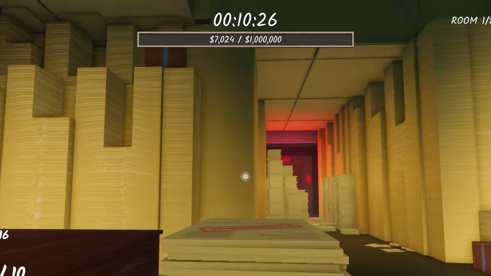 A cleared corridor between floor-to-ceiling paper towers leading to the red-lit exit doorway in Shred the Secrets
