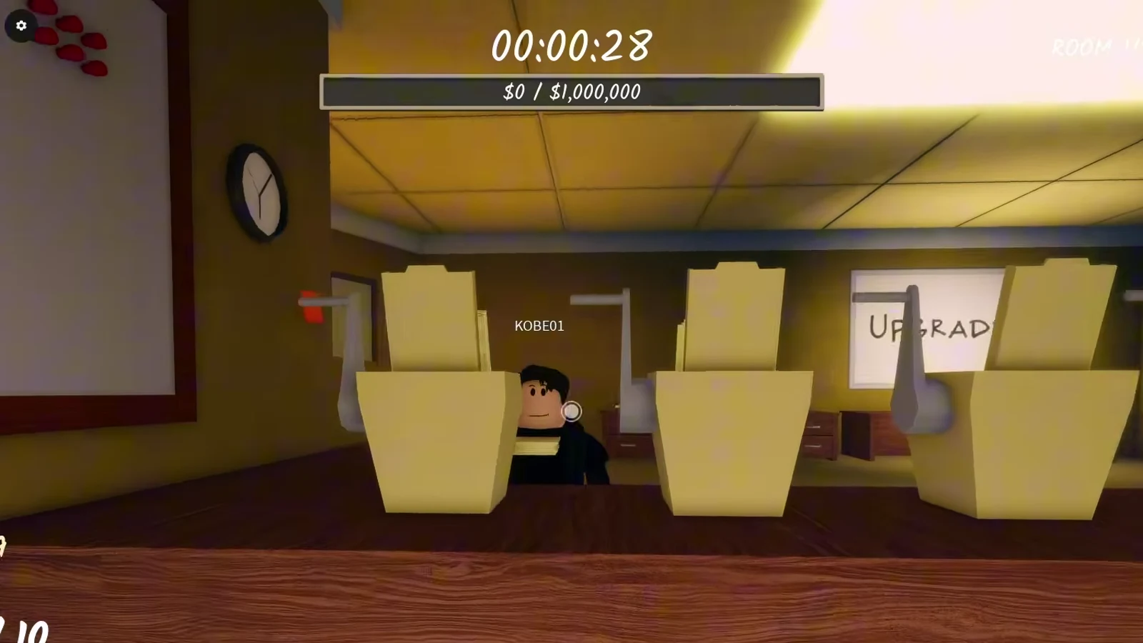 A Shred the Secrets teammate working the desks under the UPGRADES sign while the squad splits shredding and vacuuming roles
