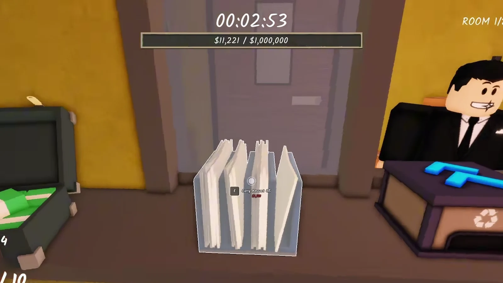 An open briefcase full of cash beside a stack of documents during Shred the Secrets Room 1 money farming