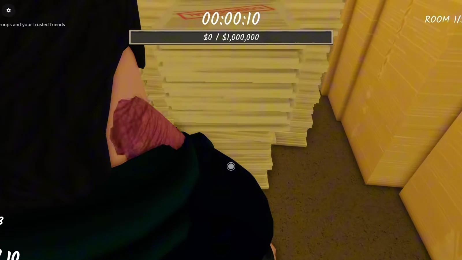 A fresh Shred the Secrets room starting at zero of one million cash on the progress bar while the player hauls the first paper stacks