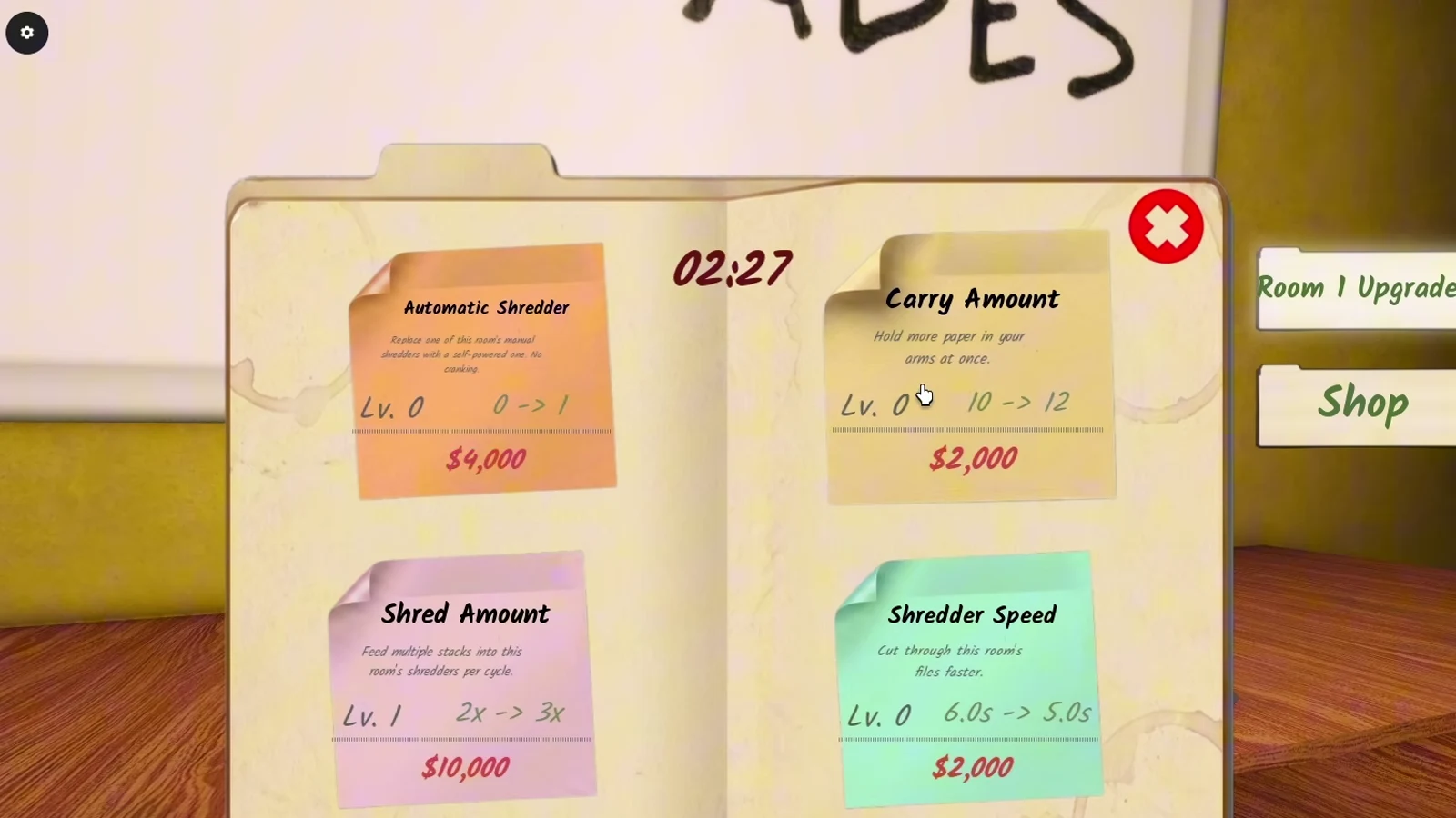 The Room 1 Upgrades book in Shred the Secrets showing the Shred Amount, Carry Amount, Automatic Shredder and Shredder Speed cards to max in order