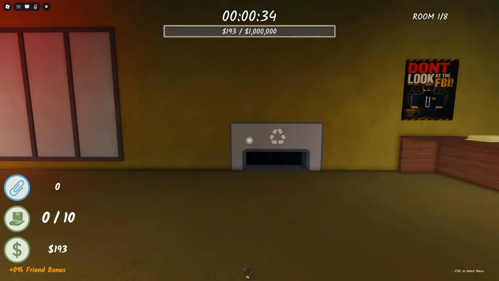 DONT LOOK AT THE FBI warning poster on the wall of Shred the Secrets Room 1 next to the recycling station