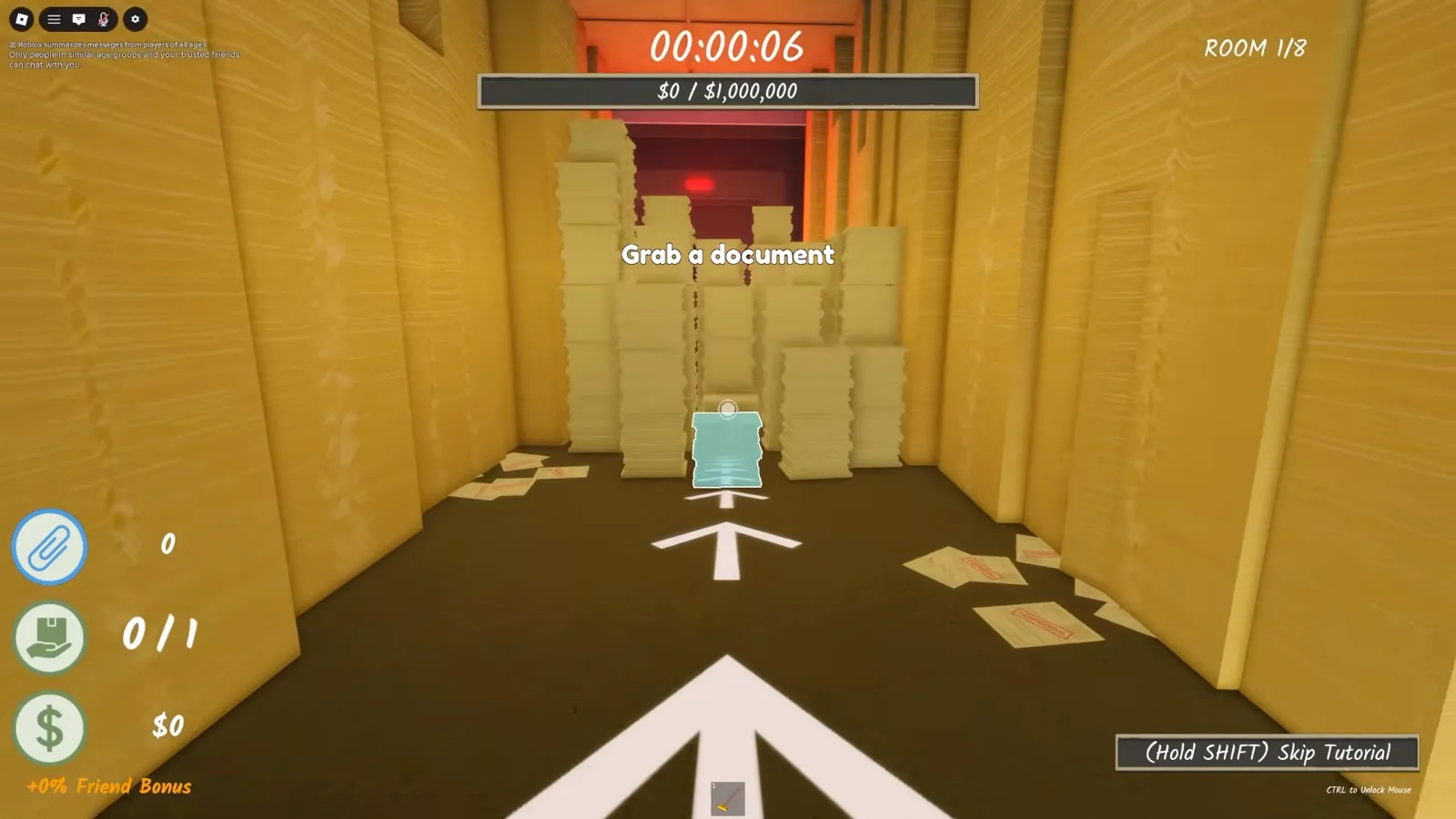 Shred the Secrets tutorial prompt Grab a document with an arrow pointing at confidential papers on the floor of Room 1