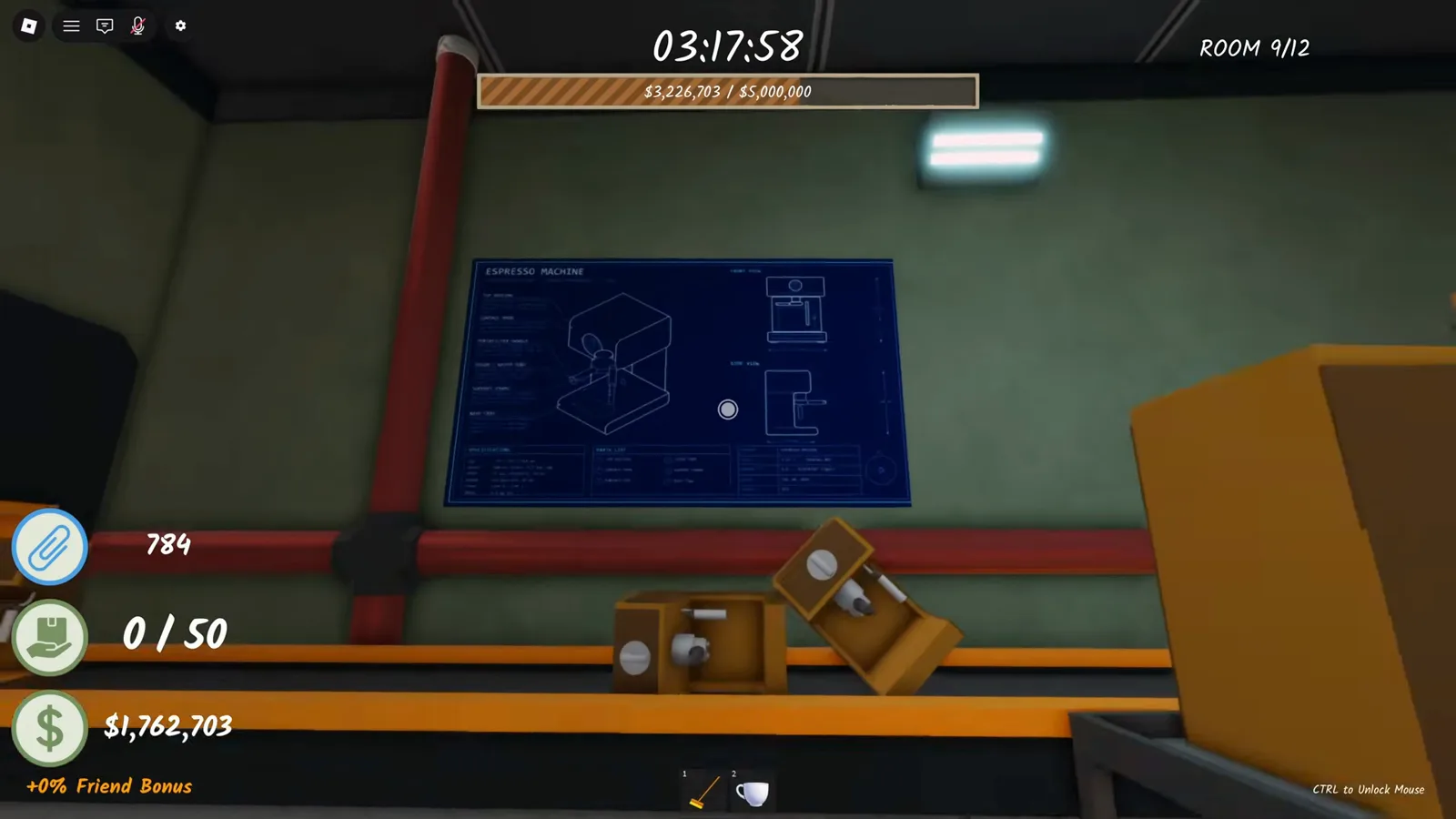 First scientist blueprint lying on the attic floor next to wooden crates in Shred the Secrets Room 9