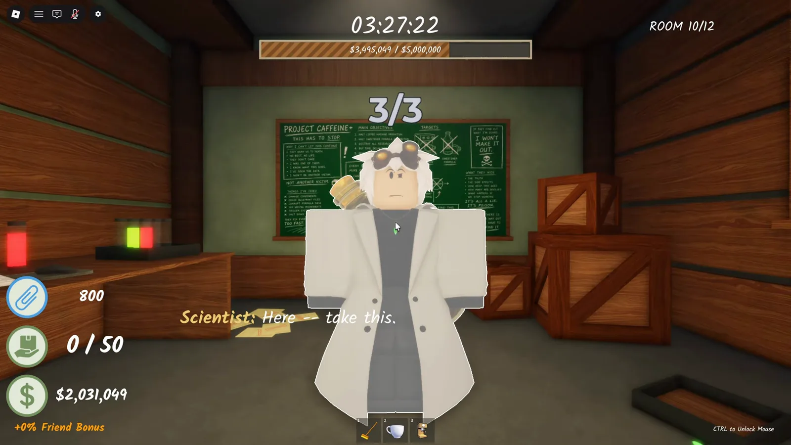 Mad Scientist delivery counter showing 3 of 3 blueprints handed in during the Shred the Secrets Industrial Revolution quest