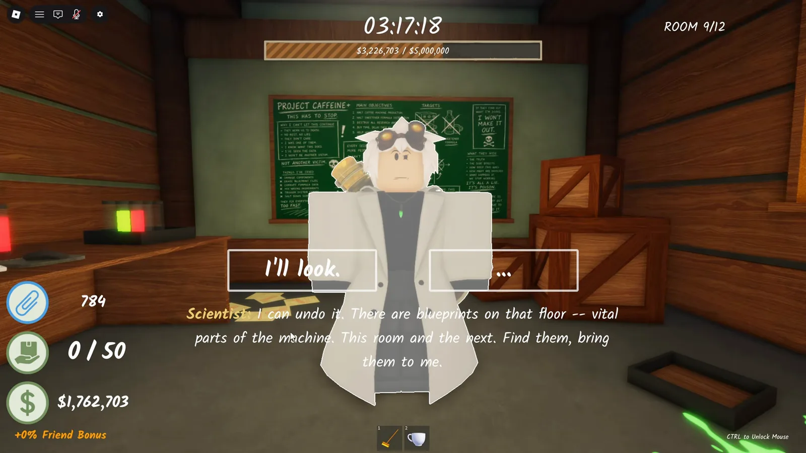 Shred the Secrets Mad Scientist dialogue in the attic offering the I'll look dialogue option to start the blueprints quest
