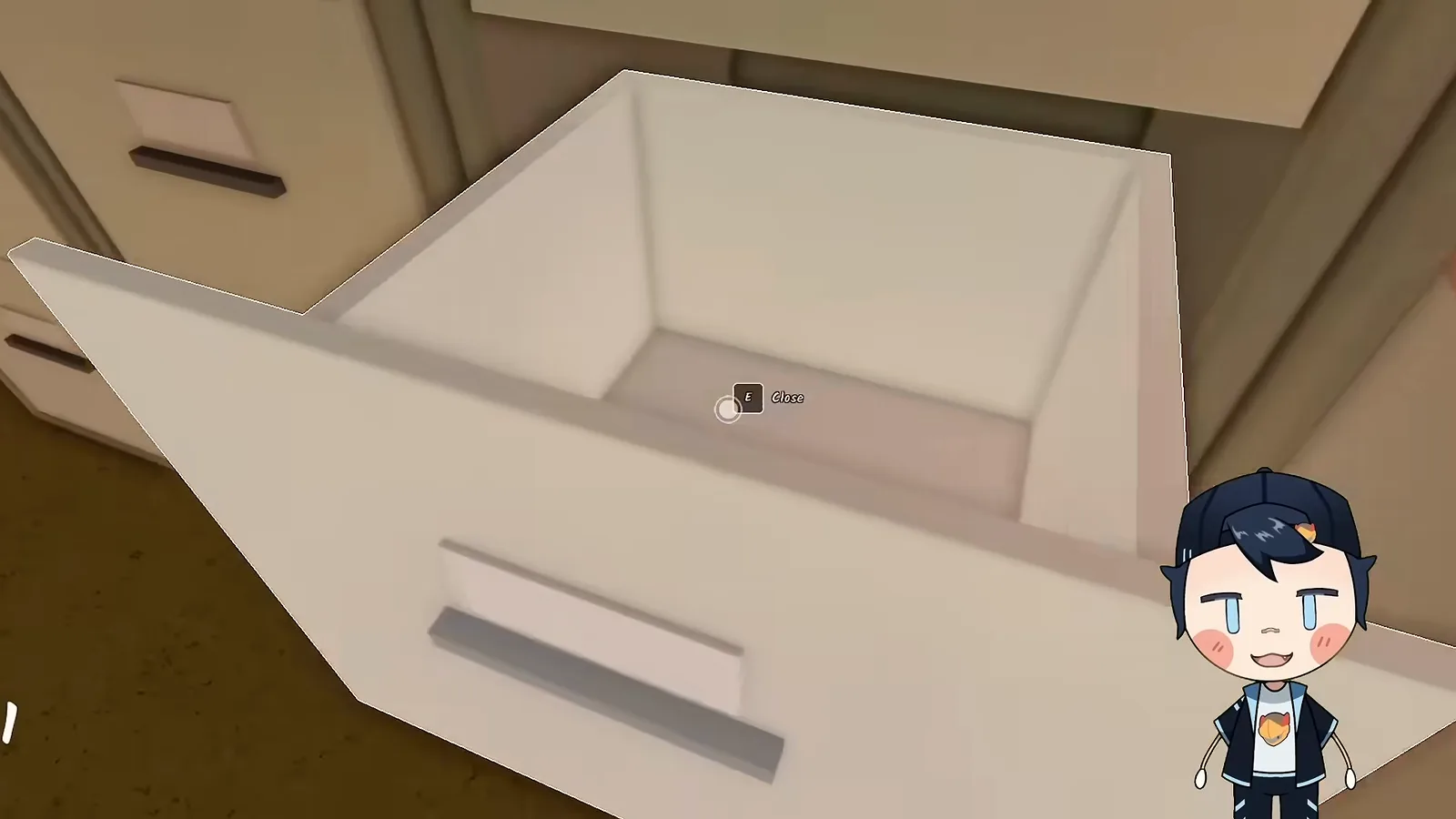 Open empty filing cabinet drawer with a Close prompt during the Room 3 key search in Shred the Secrets