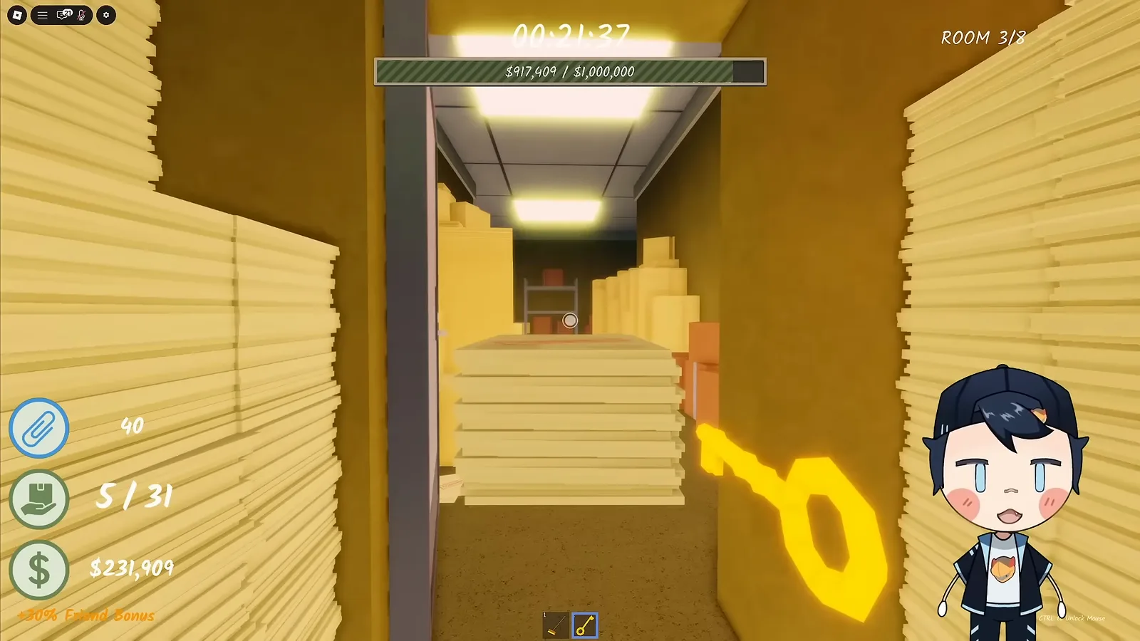 Glowing yellow Room 3 key carried through the paper corridor toward the side door in Shred the Secrets