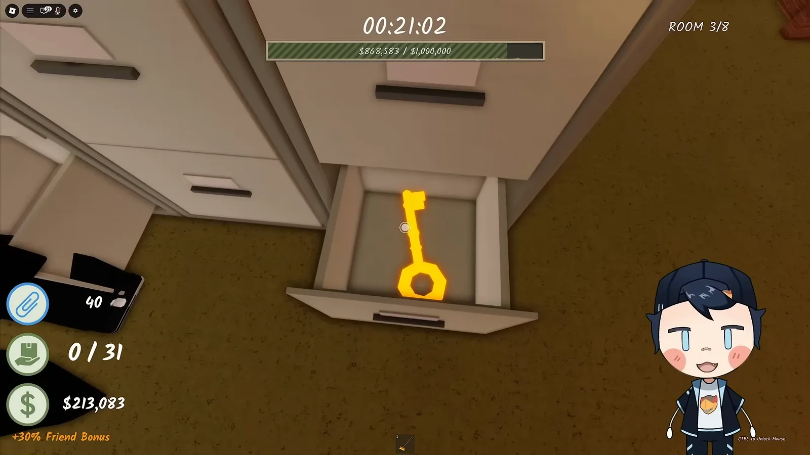 Yellow Room 3 key lying inside an open wall-cabinet drawer in Shred the Secrets