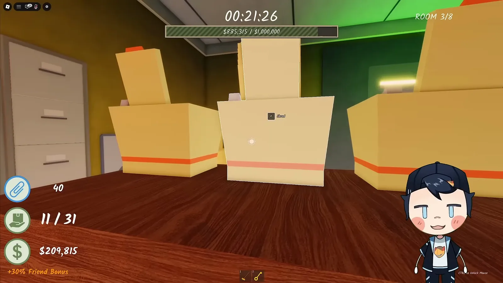 Open cabinet drawers stuffed with paper beside the tall wall lockers in Shred the Secrets Room 3