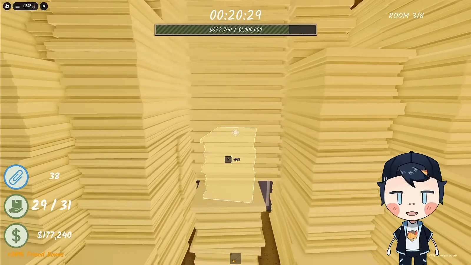 Open interaction prompt on a paper stack blocking the cabinets in Shred the Secrets Room 3