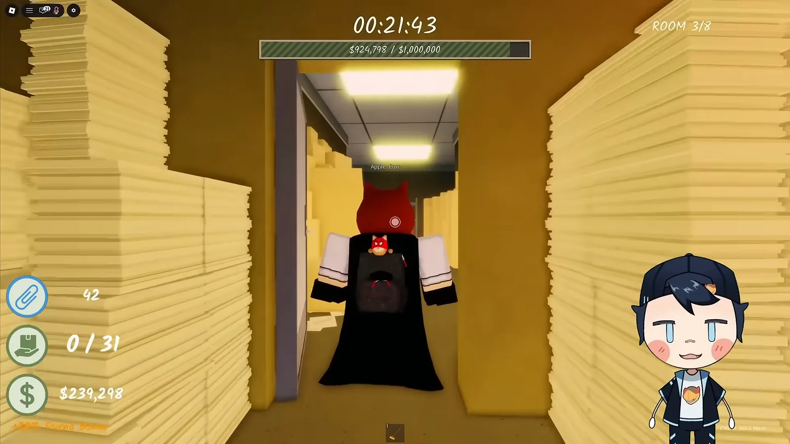 Player stepping through the newly opened side doorway between paper stacks in Shred the Secrets Room 3