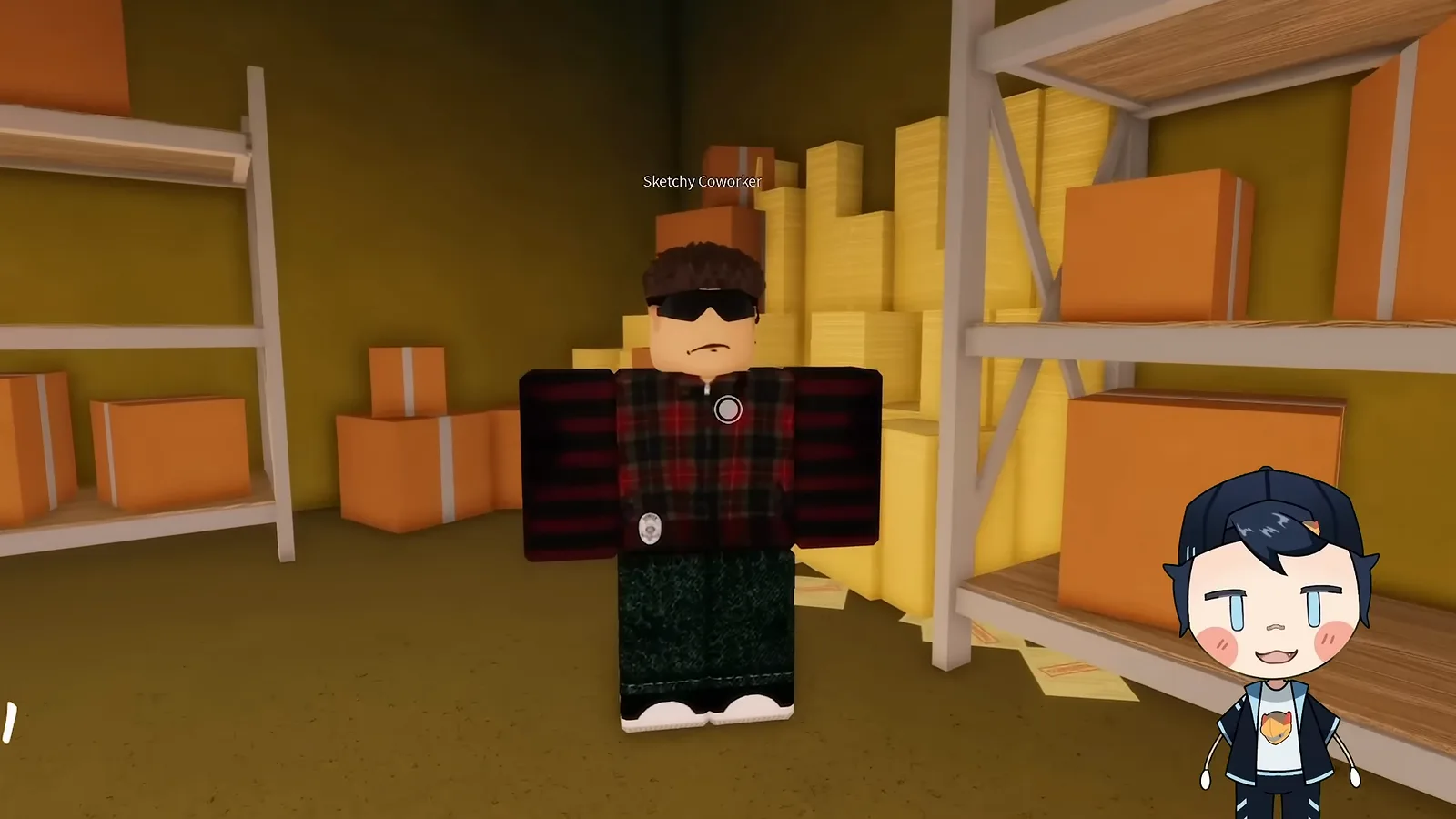 Sketchy Coworker NPC standing among the shelves and orange boxes of the unlocked side room in Shred the Secrets