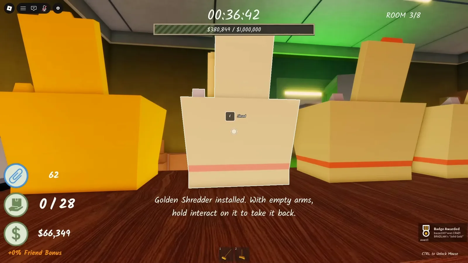 Golden Shredder installed on a shredder with the hold interact prompt in Shred the Secrets