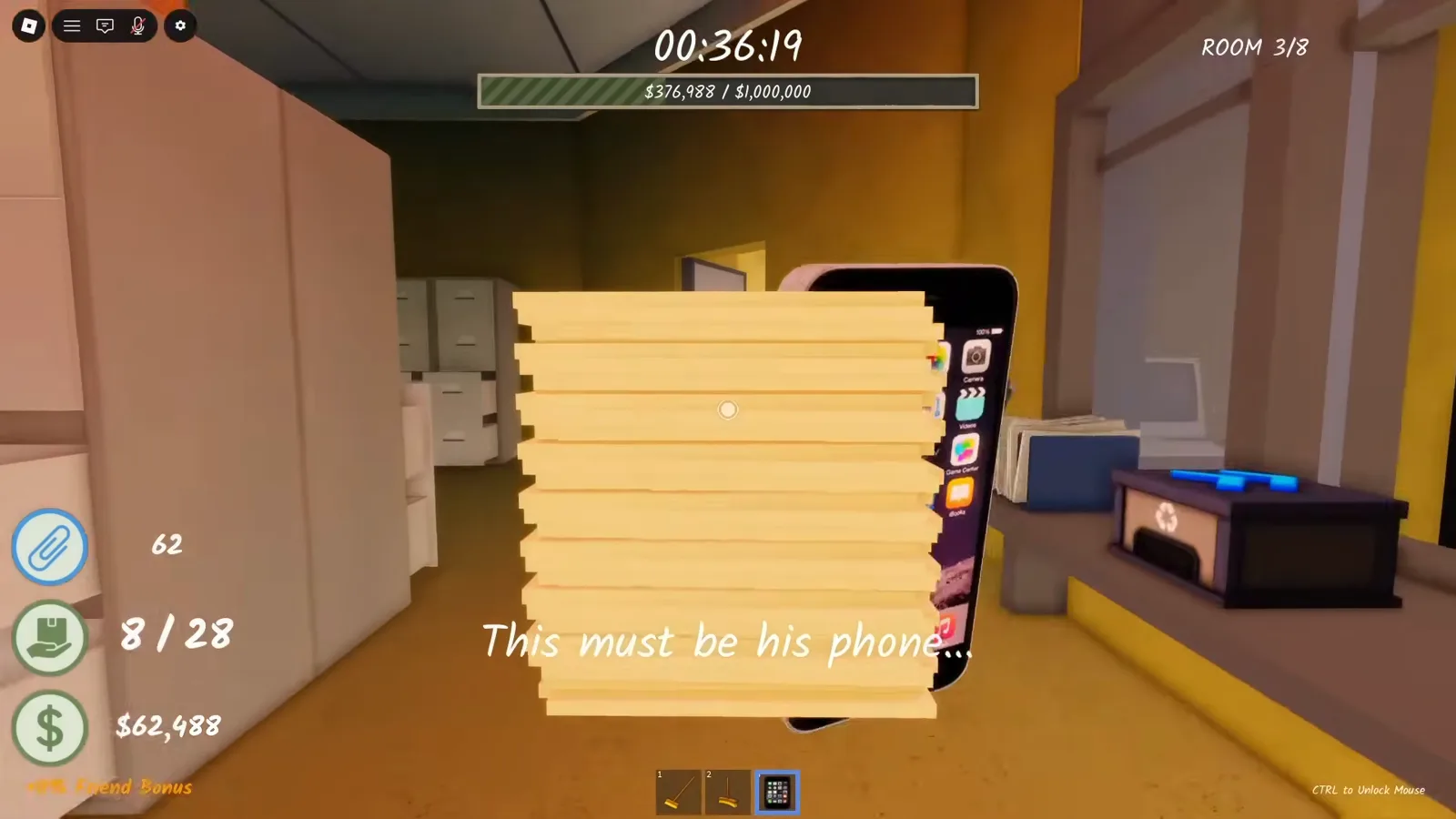 Sketchy Coworker's smartphone lying on a desk beside a shredder in Shred the Secrets Room 3