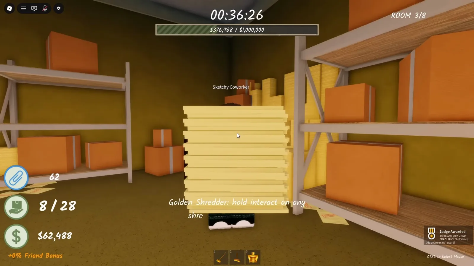 Handing the phone back at the Sketchy Coworker's shelves as the Golden Shredder reward line appears in Shred the Secrets