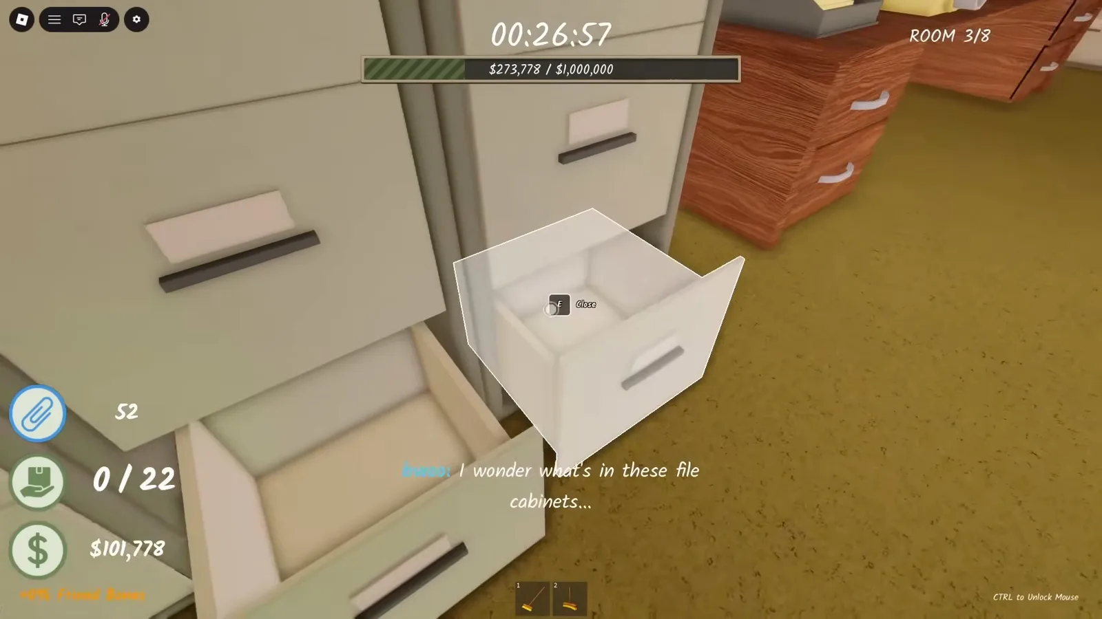 Open empty filing cabinet drawer with an Open prompt during the Shred the Secrets Room 3 key search