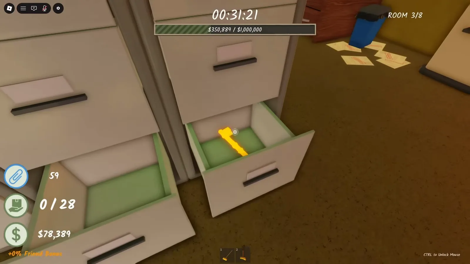 Yellow Room 3 key lying in an open green filing cabinet drawer in Shred the Secrets
