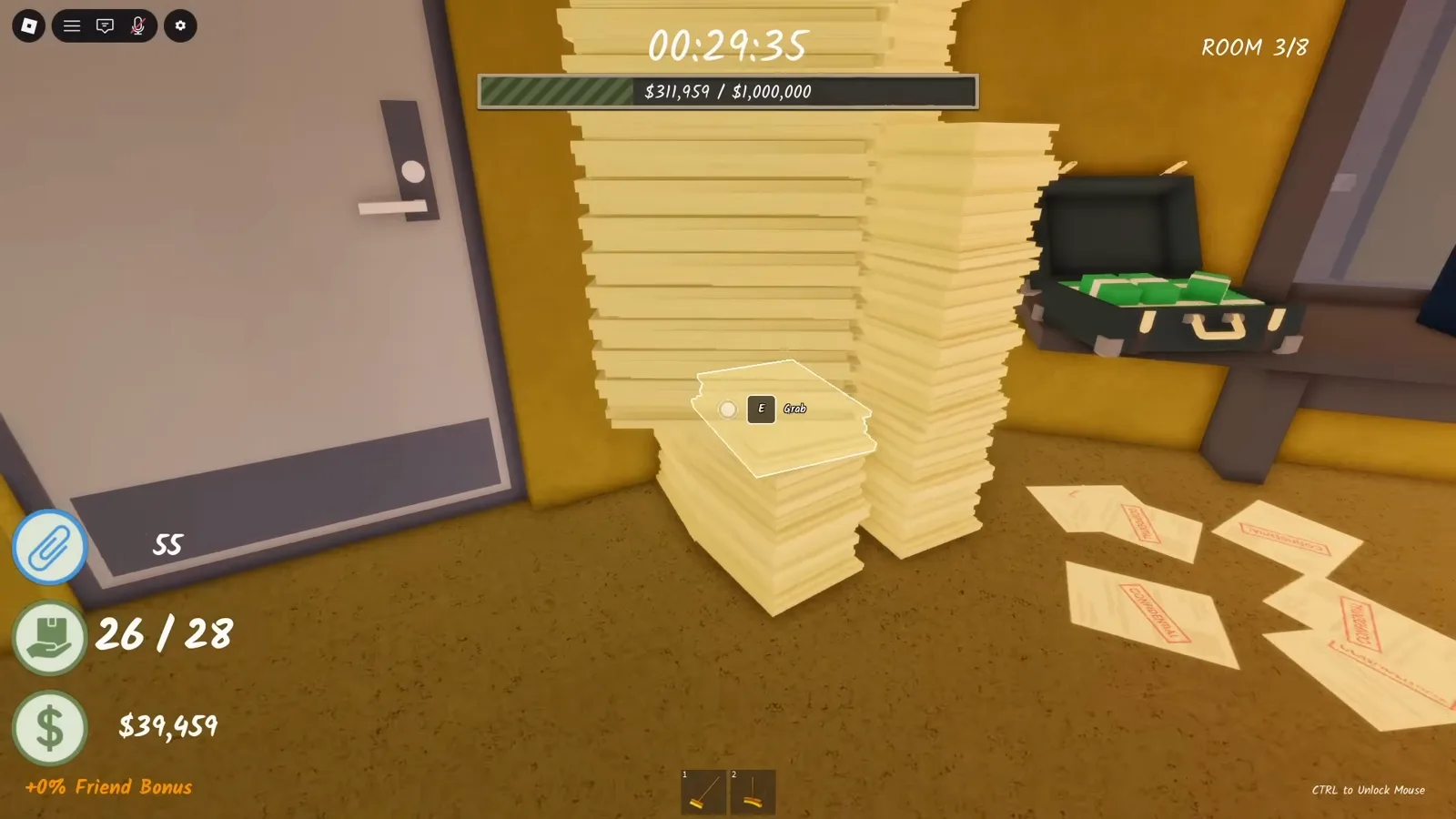 White side door in Shred the Secrets Room 3 buried behind floor-to-ceiling paper stacks before it unlocks