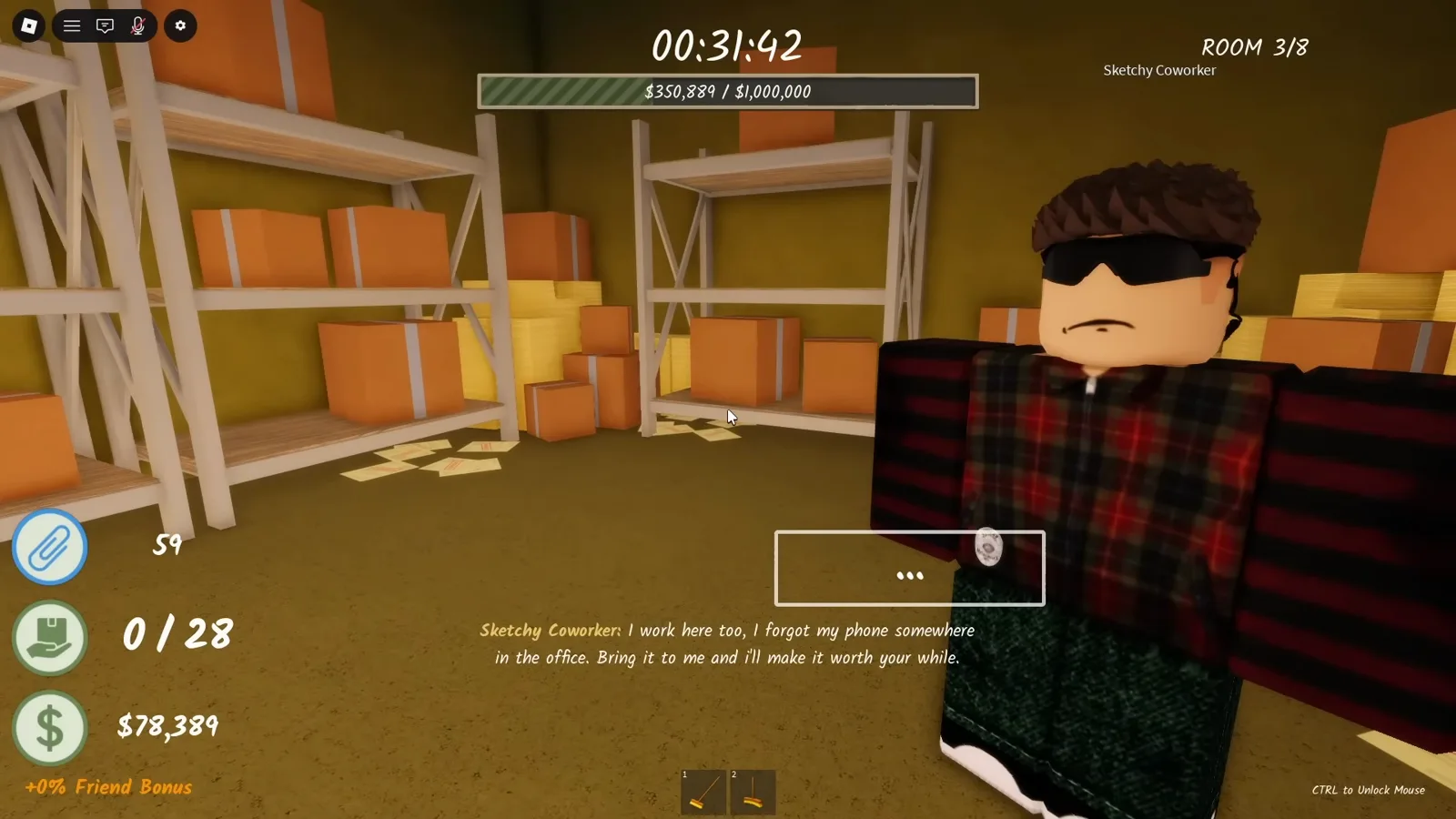 Sketchy Coworker NPC with his dialogue box open among storage shelves in Shred the Secrets