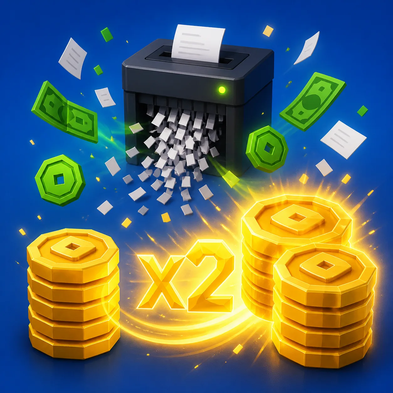 Decorative Shred the Secrets 2X Cash game pass concept showing doubled money stacks with a glowing multiplier effect Decorative Shred the Secrets 2X Cash game pass concept showing doubled money stacks with a glowing multiplier effect