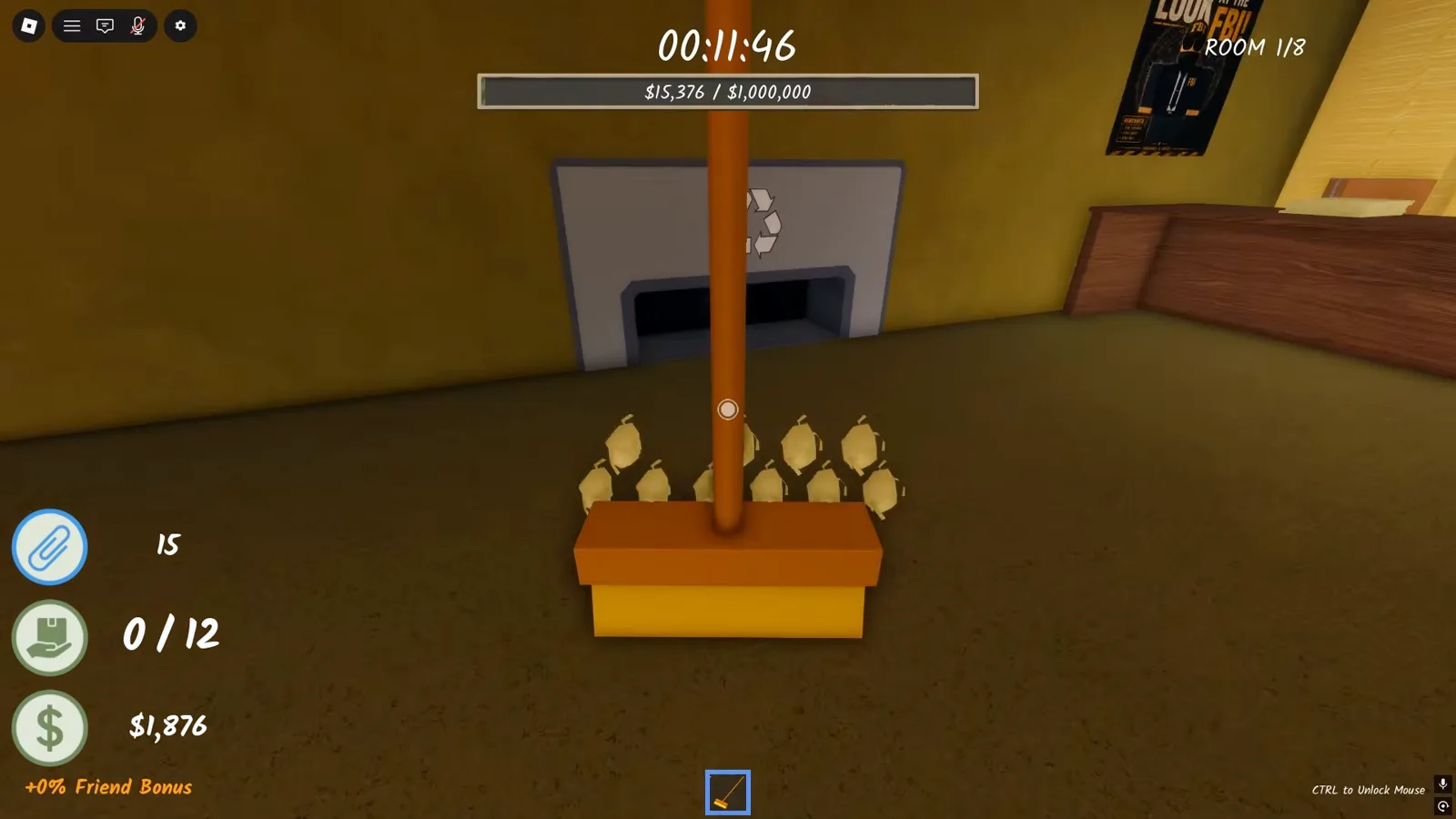Sweeping paper balls toward the recycling chute with the auto-lock broom in Shred the Secrets Room 1 before depositing them for cash Sweeping paper balls toward the recycling chute with the auto-lock broom in Shred the Secrets Room 1 before depositing them for cash