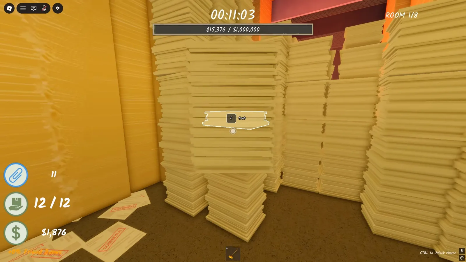 Shred the Secrets player carrying a full 12 of 12 document stack between towering paper piles with the million dollar cash bar at 15376 dollars Shred the Secrets player carrying a full 12 of 12 document stack between towering paper piles with the million dollar cash bar at 15376 dollars