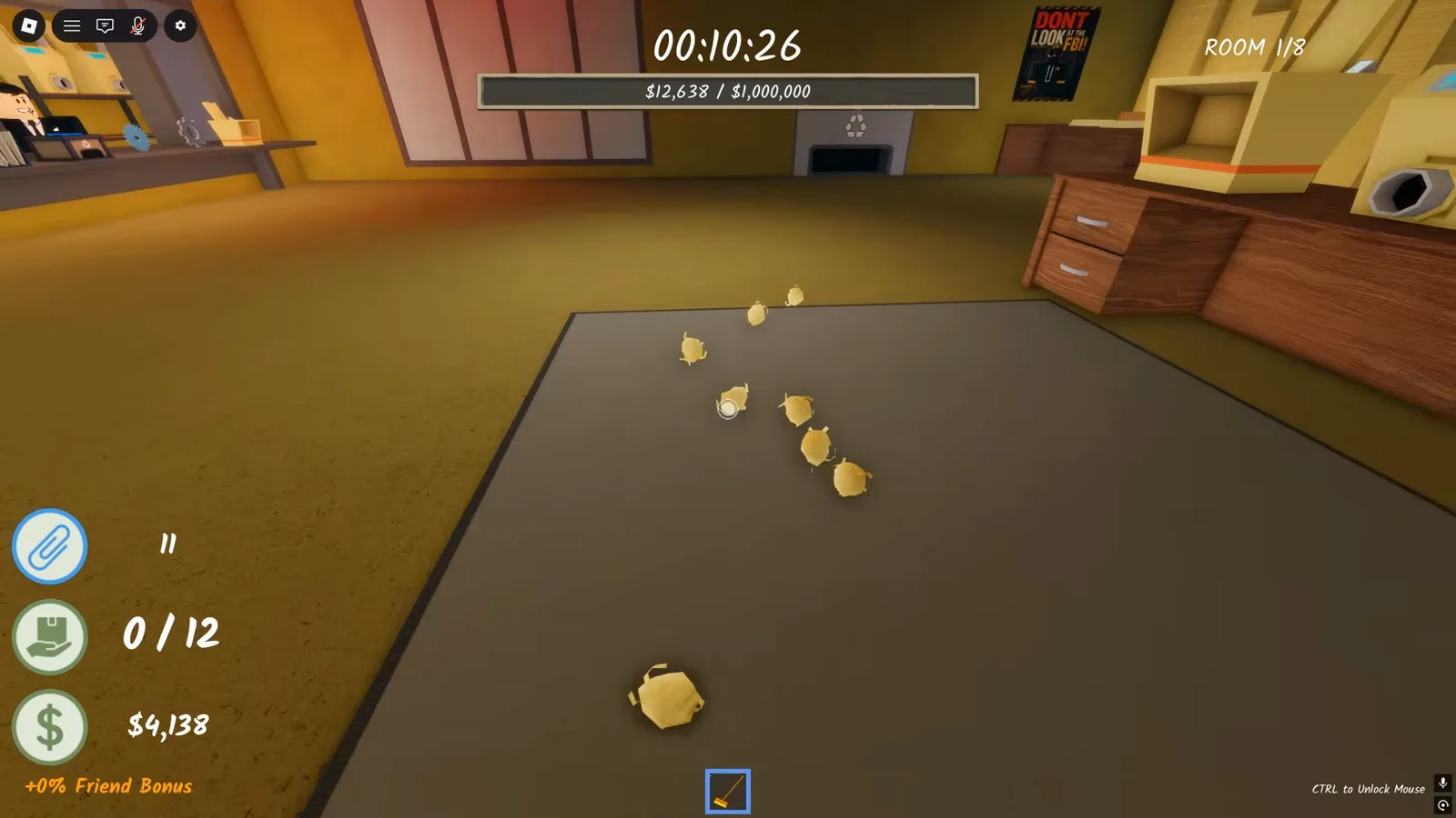 Eight shredded paper balls lying unbanked on the office carpet in Shred the Secrets with 4138 dollars earned and the Room 1 goal bar at 12638 of 1000000 Eight shredded paper balls lying unbanked on the office carpet in Shred the Secrets with 4138 dollars earned and the Room 1 goal bar at 12638 of 1000000