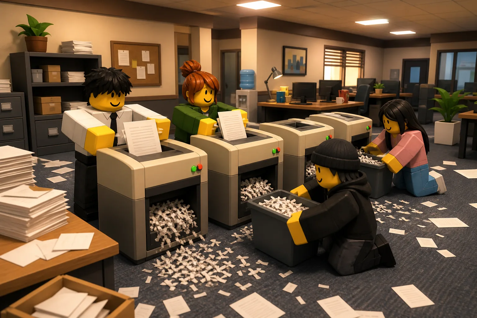 Four Shred the Secrets players in a squad farming paper at a row of office shredders while one player hauls paper balls toward the recycling bin Four Shred the Secrets players in a squad farming paper at a row of office shredders while one player hauls paper balls toward the recycling bin