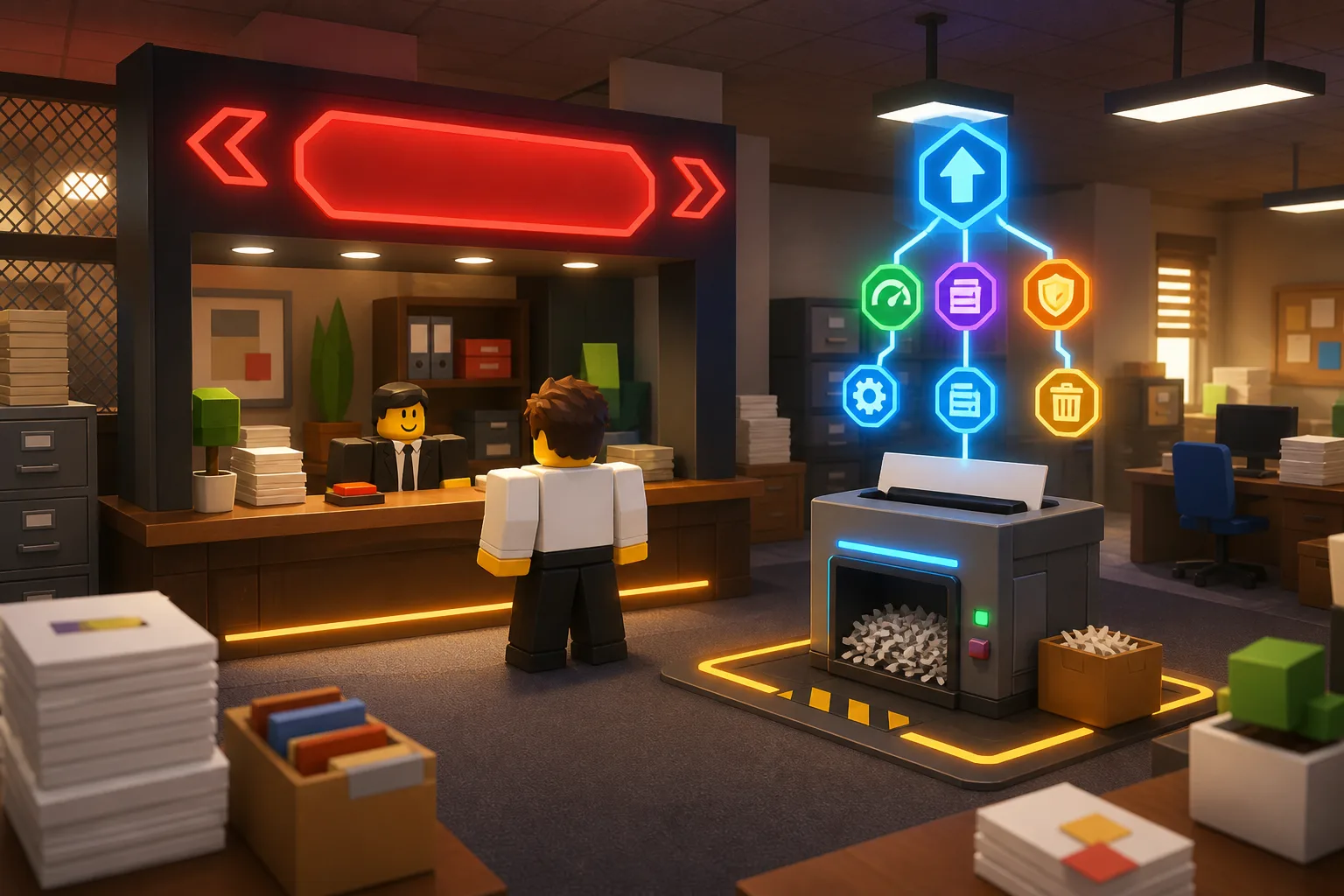 The red neon UPGRADES sign over the upgrade counter in Shred the Secrets where players buy Shred Amount first for money farming The red neon UPGRADES sign over the upgrade counter in Shred the Secrets where players buy Shred Amount first for money farming