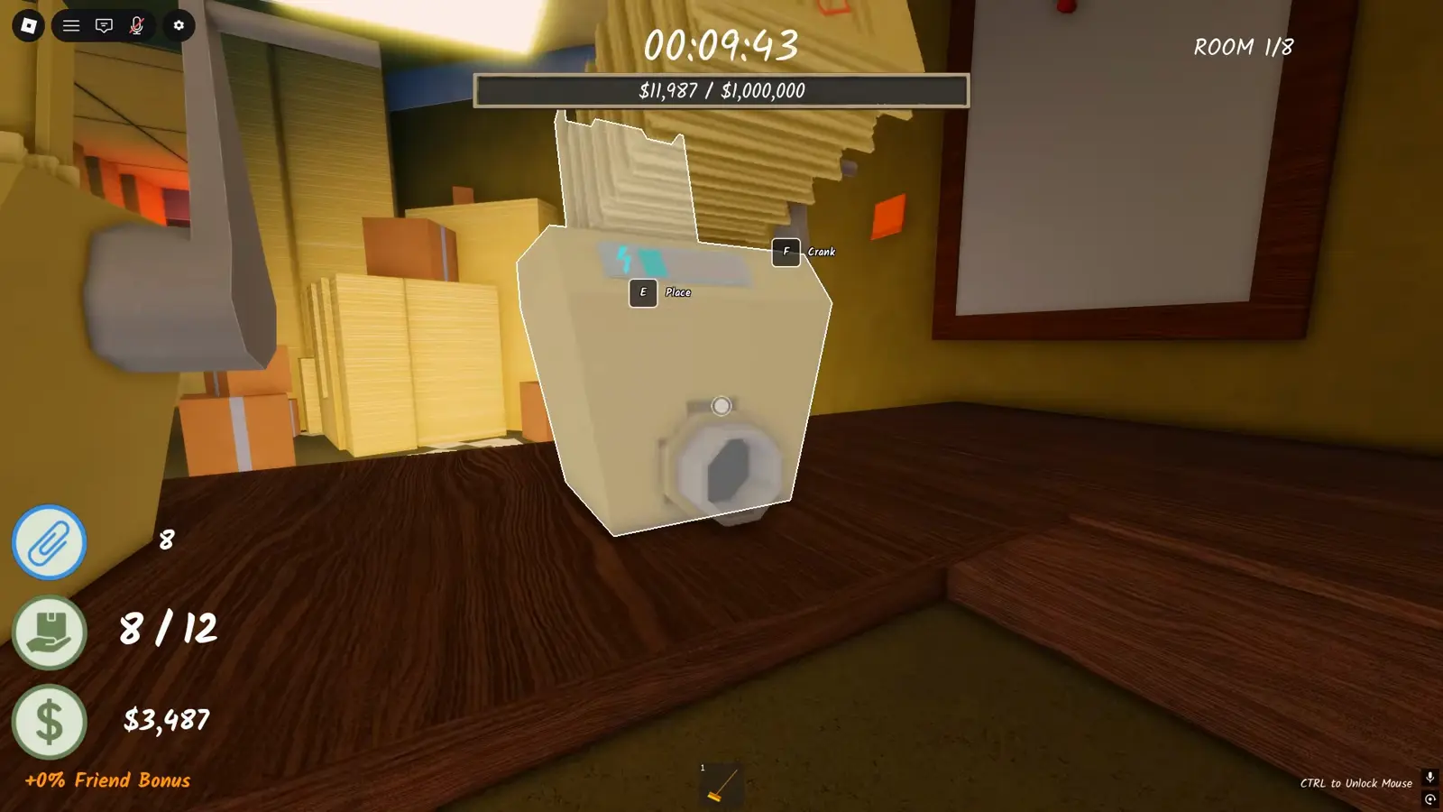 Shred the Secrets player feeding a document stack into a Room 1 shredder with the carry counter showing 8 of 12 sheets