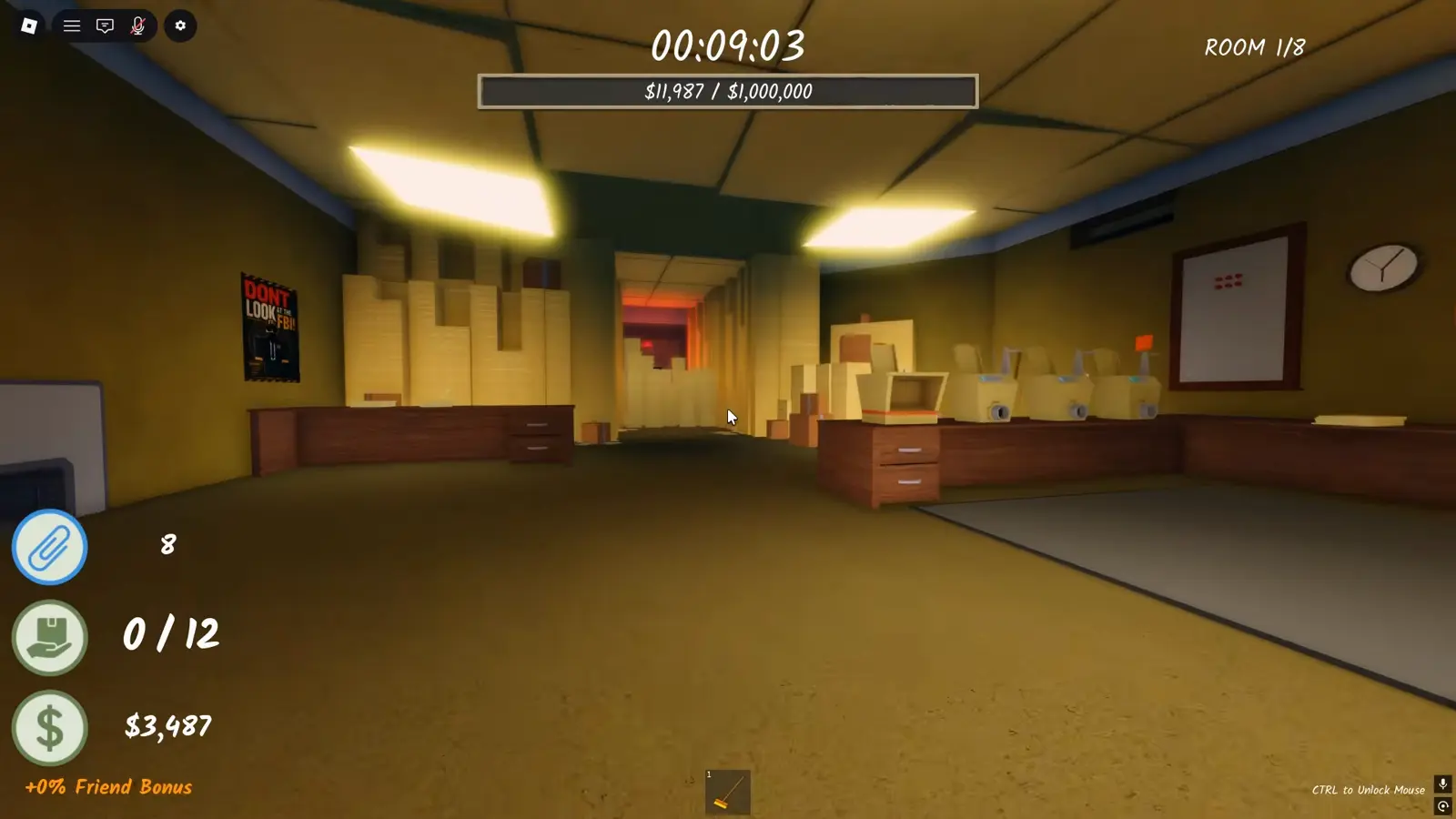 Shred the Secrets Room 1 HUD with the $11,987 of $1,000,000 goal bar on top and the ROOM 1/8 counter over the opening office