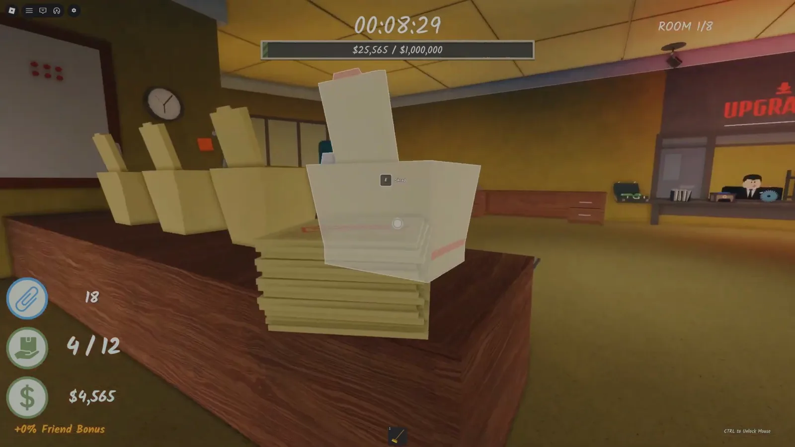 Shred the Secrets Room 1 office mid run with the red UPGRADER counter and vendor visible past a desk stacked with documents