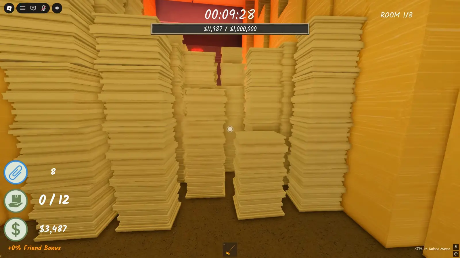 Floor to ceiling paper towers walling off the Room 1 office in Shred the Secrets with the million dollar goal bar overhead