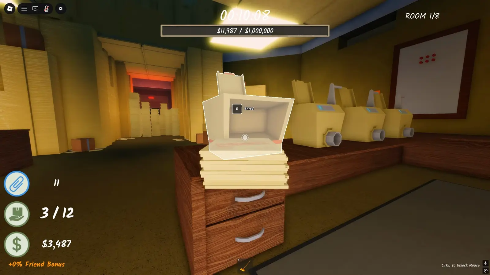 Shred the Secrets Room 1 shredder showing the E Shred prompt over a paper stack with the exit corridor glowing red behind it
