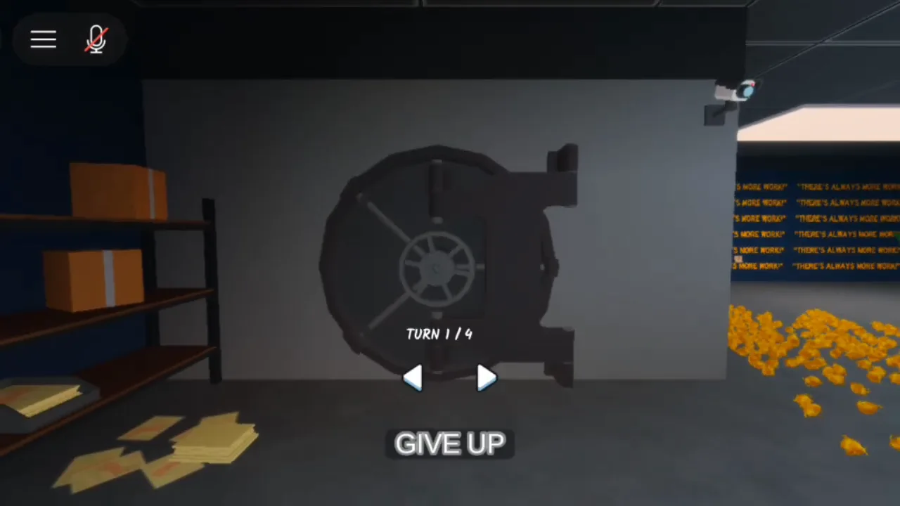 The Shred the Secrets vault dial minigame on mobile showing TURN 1 of 4 with arrow buttons and a GIVE UP button on the bank vault wheel