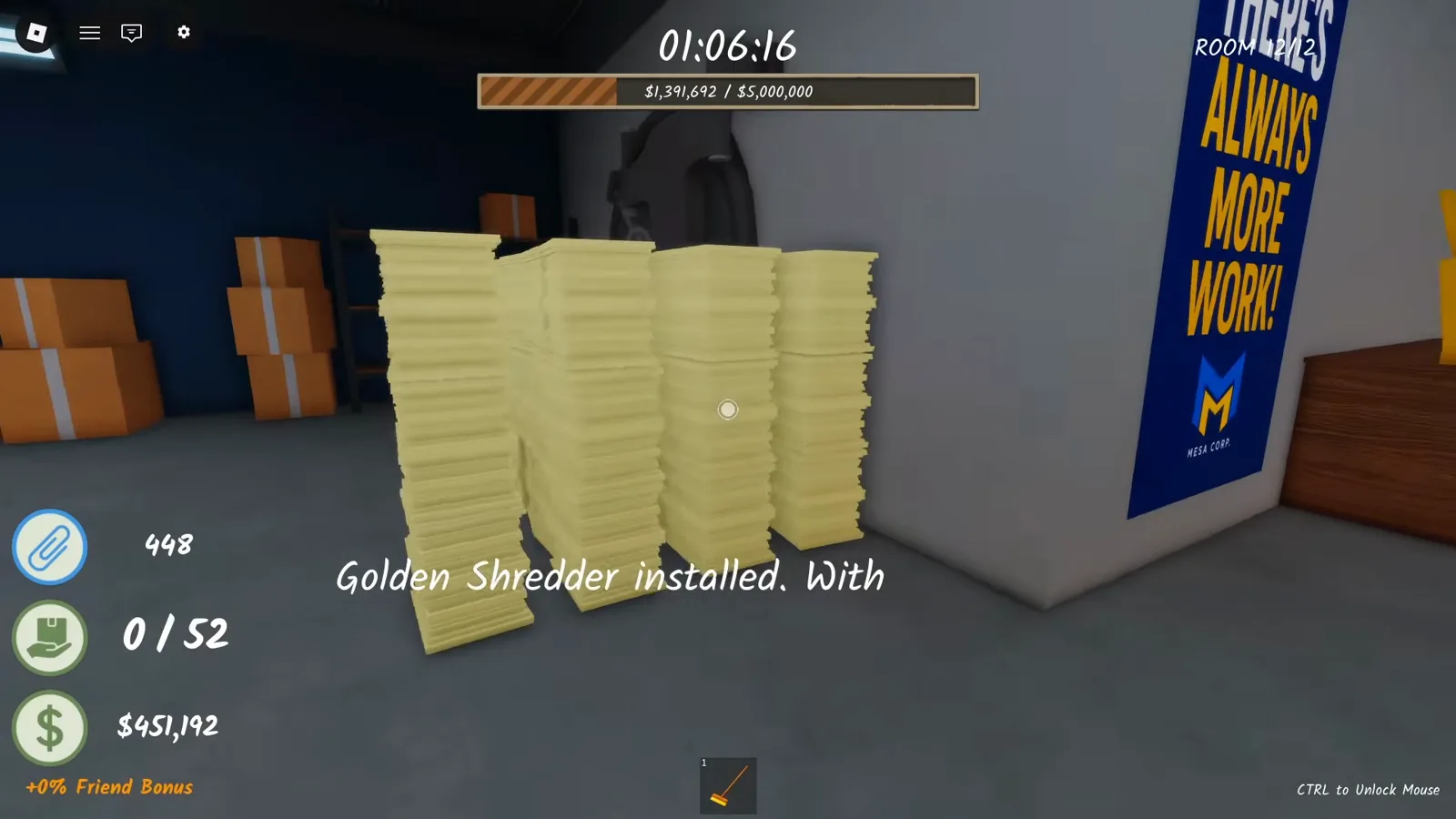 Shred the Secrets Room 12 of 12 HUD with the $5,000,000 goal bar at $1,391,692 and paper stacks hiding the bank vault door behind a Mesa Corp banner