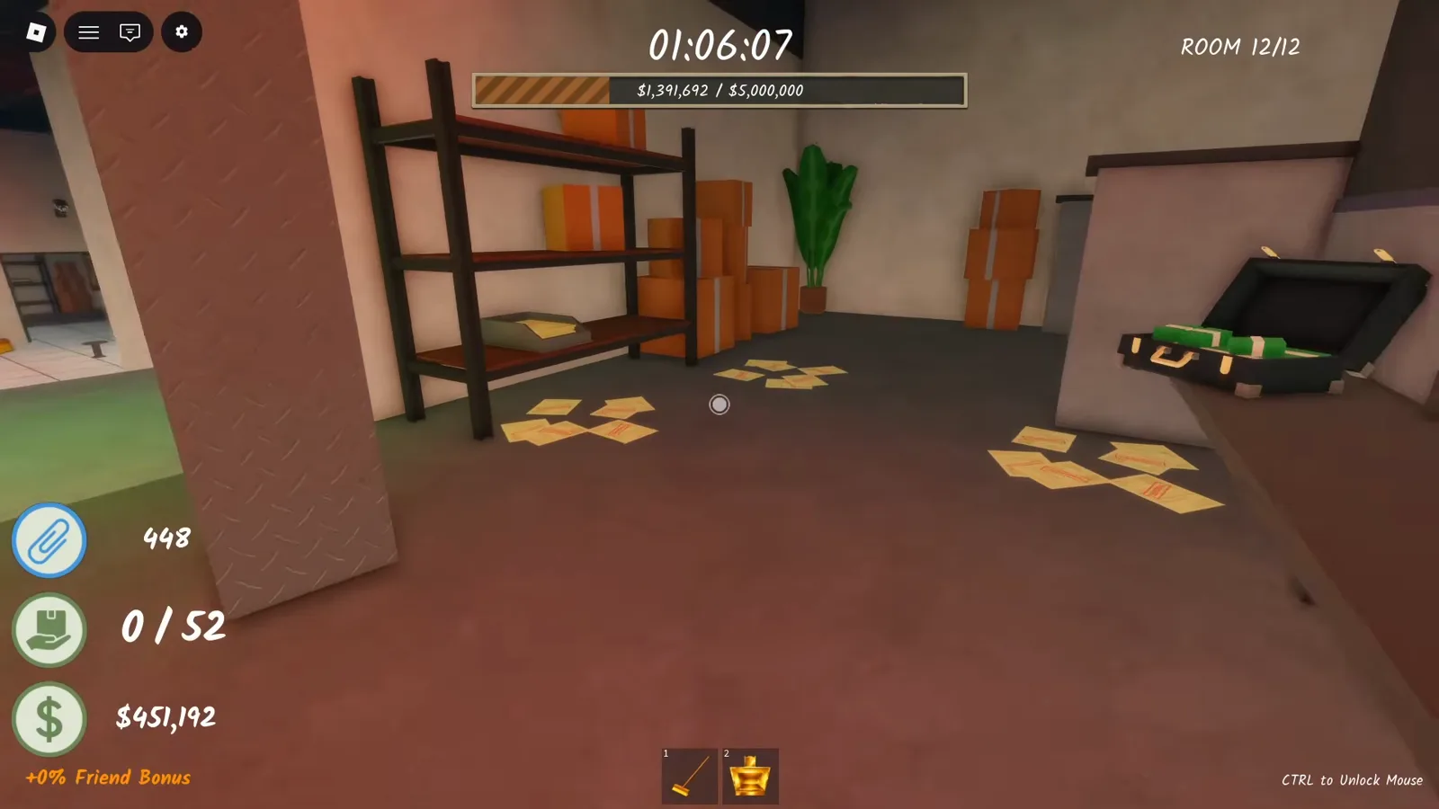 Shred the Secrets Room 12 interior showing the $5,000,000 money goal bar at $1,391,692 with the documents counter at 0 of 52 and a briefcase of cash